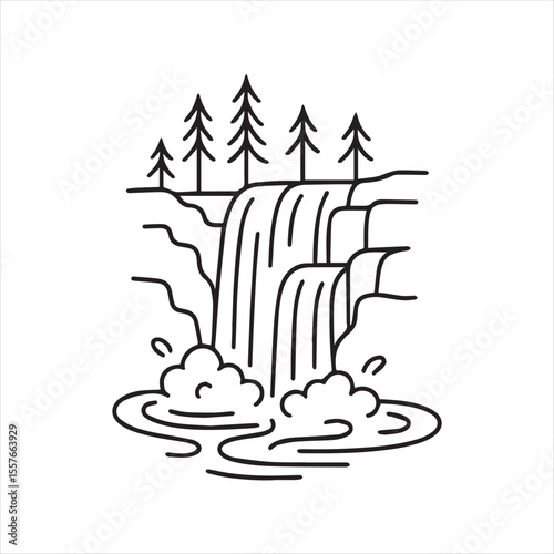 Minimalist Waterfall Illustration Serene Nature Scene with Trees Cascading Water and Mist in a Clean Line Art Style