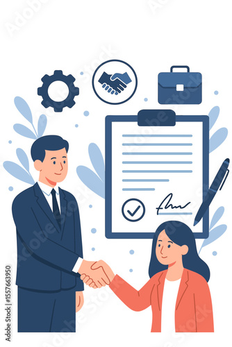 Business partnership concept with man and woman shaking hands. Agreement, deal and contract signing vector illustration. Successful negotiation and collaboration with business icons.