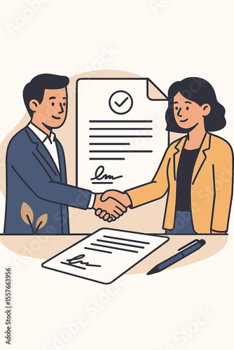 Business partnership concept. Handshake after signing contract. Successful deal agreement. Man and woman business people characters. Teamwork collaboration. Flat vector illustration.