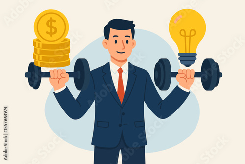 Businessman balancing money and ideas concept. Character lifts dumbbells with coins and a light bulb. Metaphor for investment, innovation, financial strength, and business strategy.