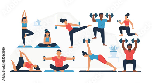 Diverse group practicing yoga and weightlifting exercises on mats.