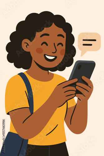 Happy Black woman using smartphone for messaging. Cheerful African American girl texting on mobile phone. Social media communication concept. Modern flat vector cartoon illustration.
