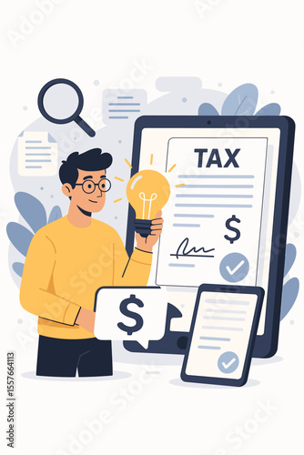 Creative tax planning and financial solutions concept. Businessman holding light bulb idea, digital tax document, dollar sign, magnifying glass. Innovation in finance, accounting, online tax filing
