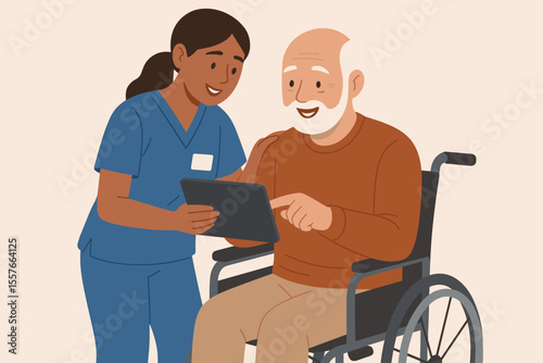 Nurse helping senior man in wheelchair with digital tablet. Eldercare and assisted living concept. Caregiver assisting patient. Healthcare technology in nursing home. Vector cartoon.