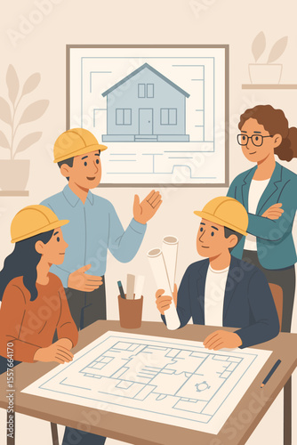 Architects and engineers meeting, discussing construction project with blueprints. Teamwork collaboration concept. Professional builders planning a house design in an office.