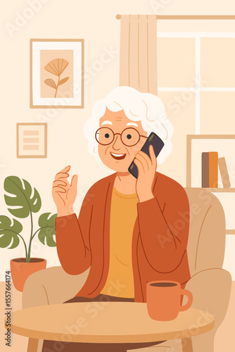 Happy elderly woman talking on smartphone at home. Smiling senior lady having a pleasant conversation. Grandmother sitting in armchair in cozy living room. Modern flat vector illustration.