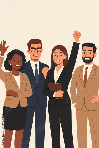 Successful multiethnic business team celebrating achievement. Diverse group of happy corporate professionals standing together. Concept of teamwork, inclusion, and collaboration. Flat vector.