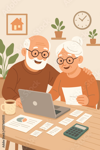 Senior couple managing home finances and retirement plan with laptop. Happy elderly family calculating budget, taxes, and bills. Financial planning and savings concept. Vector illustration.