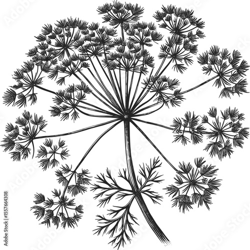 Dill flower vintage linework ink sketch hand drawn pen drawing cooking herbs bunch vector illustration background