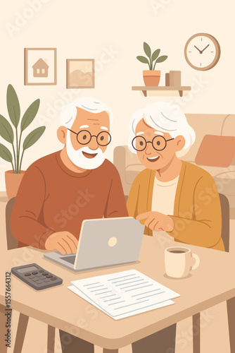 Senior couple financial planning. Happy elderly man and woman using laptop for retirement budget and online banking. Family finances, savings and investment concept. Vector cartoon.
