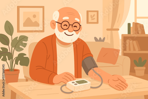 Happy senior man measures blood pressure at home with a digital monitor. Elderly healthcare, hypertension control, and heart health check concept. Flat vector cartoon character illustration.