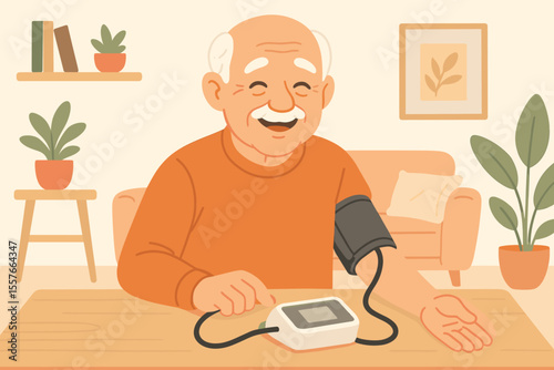 Happy old man measuring blood pressure at home. Senior male using digital tonometer for health check. Concept for hypertension, cardiology, medical care, and prevention illustration.