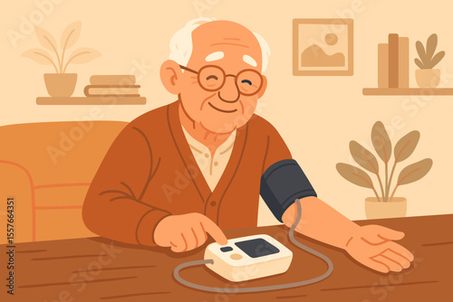 Happy senior man measuring blood pressure at home using a digital tonometer. Elderly grandfather checking his health. Concept for hypertension, cardiology, and medical care vector.