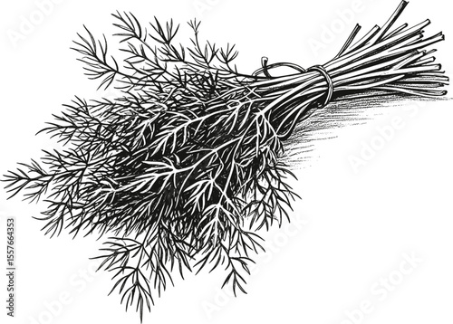Herb Dill vintage linework ink sketch hand drawn pen drawing cooking herbs bunch vector illustration background
