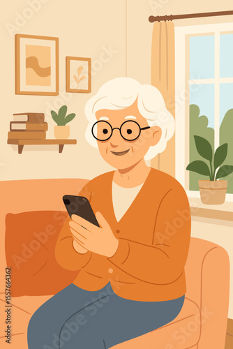 Happy senior woman using phone at home. Elderly grandmother smiling on couch with smartphone, connecting online. Modern flat vector cartoon illustration of a retired lifestyle.