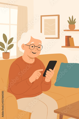 Happy elderly senior woman using smartphone at home, smiling and browsing social media or apps, modern cartoon flat vector illustration.