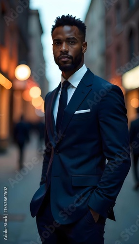Stylish male model wearing a modern slim-fit suit, urban background with bokeh, fashion editorial style, dramatic lighting — full body high-resolution photo