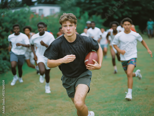 Young male athlete running with a football, surrounded by teammates in white shirts, on a grassy field, showcasing teamwork and competitive spirit in sports training