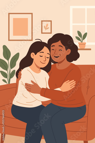Loving senior mother embracing her happy adult daughter on the couch at home. Family relationship and support concept. Two generations of women sharing a tender hug. Vector illustration.