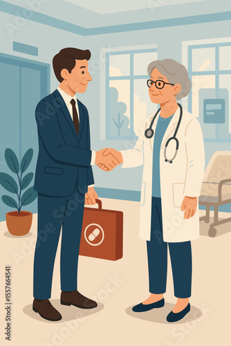 Pharmaceutical representative and mature female doctor shaking hands in hospital office. Medical partnership, healthcare collaboration, business agreement, professional meeting, vector illustration