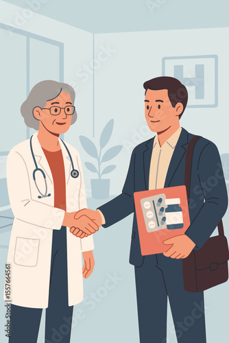 Professional doctor and pharmaceutical representative handshake in hospital office. Medical partnership, healthcare agreement, business collaboration, medicine sales, modern flat vector illustration