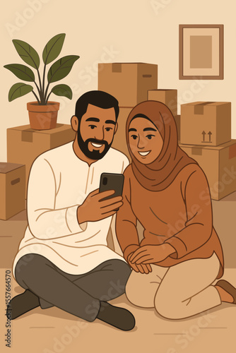 Middle Eastern couple sitting on floor using smartphone after moving, surrounded by cardboard boxes, new home, modern flat vector cartoon, happy family, unpacking, relocation, cozy interior