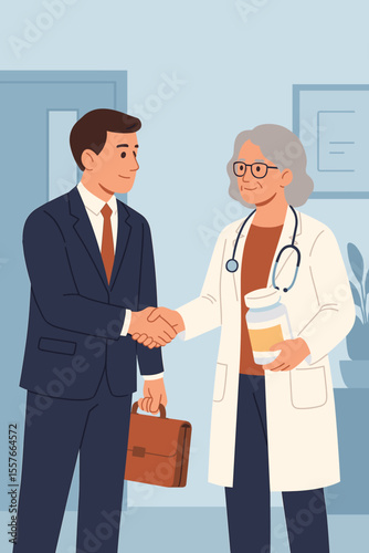 Professional handshake between mature female doctor and pharmaceutical sales representative in hospital office. Medical partnership, healthcare business agreement, collaboration concept illustration.