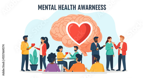Diverse group supporting mental health awareness with brain and heart symbol.