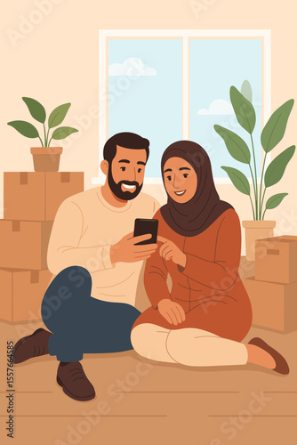 Middle Eastern couple sitting on floor surrounded by moving boxes, using smartphone together, new home relocation, unpacking, modern apartment, indoor plants, cozy lifestyle, flat vector illustration