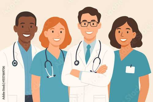 Diverse medical team of doctors and nurses in modern hospital. Healthcare professionals group portrait. Stethoscope, teamwork, clinical staff, medical workers, hospital staff, flat vector illustration