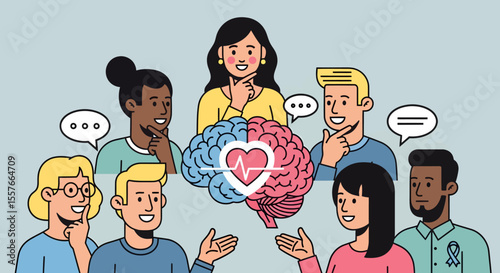 Diverse group surrounding brain with heart symbolizing mental health awareness.