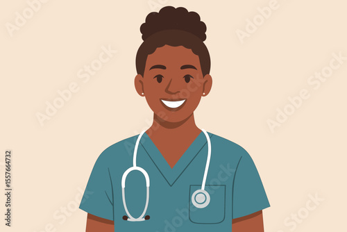 African American female nurse in medical scrubs with stethoscope. Healthcare professional. Hospital staff. Modern flat vector illustration. Diversity in medicine. Medical worker concept.
