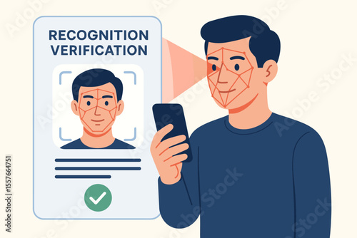 Face recognition verification technology concept. Man holding smartphone scans face for identity authentication. Mobile biometric security, digital ID check, secure access, modern application