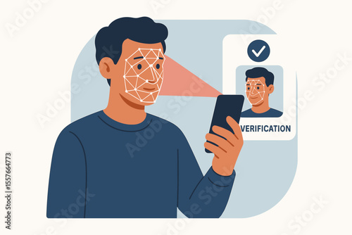 Face recognition technology identity verification. Man using smartphone for biometric authentication, scanning face for secure access, digital ID check, modern security system concept illustration