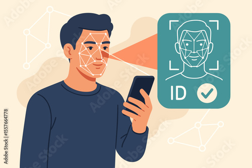 Face Recognition Identity Verification Technology. Man Holding Smartphone Scanning Face for Secure Biometric Authentication. Modern Digital Access Control, Mobile ID Application Concept