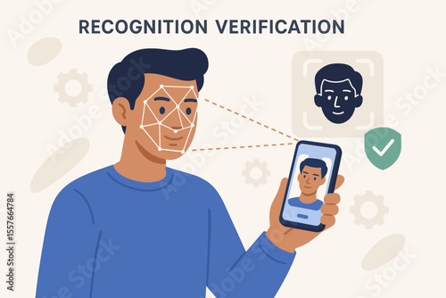 Face recognition identity verification technology. Man holds smartphone scanning face for secure access. Biometric authentication, digital ID, mobile security, facial scan, modern application concept