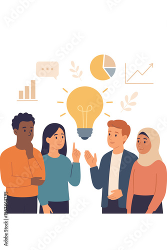 Diverse Teamwork Collaboration, Brainstorming, Idea Generation, Business Innovation, Referral Marketing, Customer Loyalty Program, Promotion Strategy, Modern Flat Vector Illustration