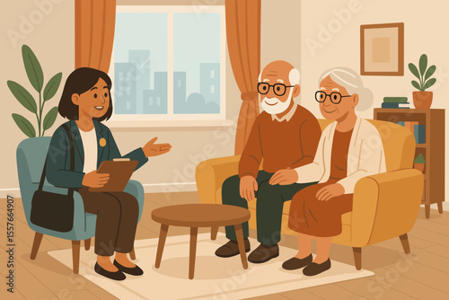 Social worker home visit with elderly couple, counseling, support, healthcare consultation, senior care, social services, family assistance, modern flat vector cartoon, living room interior