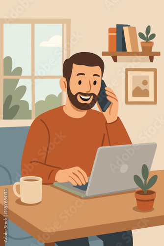 Remote work from home concept. Man multitasking with laptop and smartphone. Modern flat vector illustration. Cozy home office interior, coffee cup, indoor plants, productivity, communication.