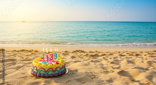 Colorful birthday cake on a sandy beach by a turquoise ocean at sunset.