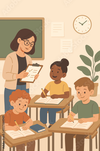 Elementary school classroom scene with teacher supervising diverse students writing in notebooks, education concept, back to school, learning, academic activity, modern flat vector illustration