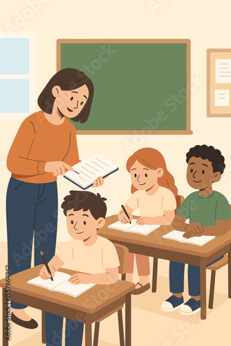Elementary school classroom scene with teacher assisting diverse students, checking homework, learning, education, teamwork, children writing at desks, modern flat vector cartoon illustration