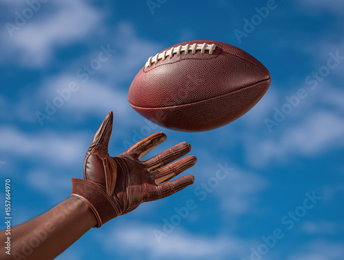 Athletic hand in brown glove reaching for a football against a bright blue sky with soft clouds, capturing the excitement of sports and teamwork in action