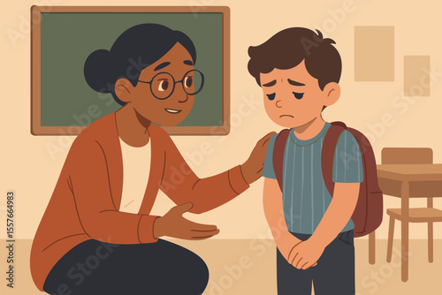 Caring teacher comforting sad elementary school student in classroom. Support, empathy, mental health, education, counseling, emotional support, child psychology, modern flat vector illustration