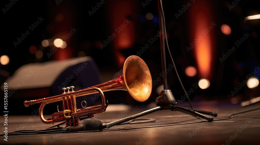 Naklejka premium Brass mute resting inside a trumpet bell on stage before a performance