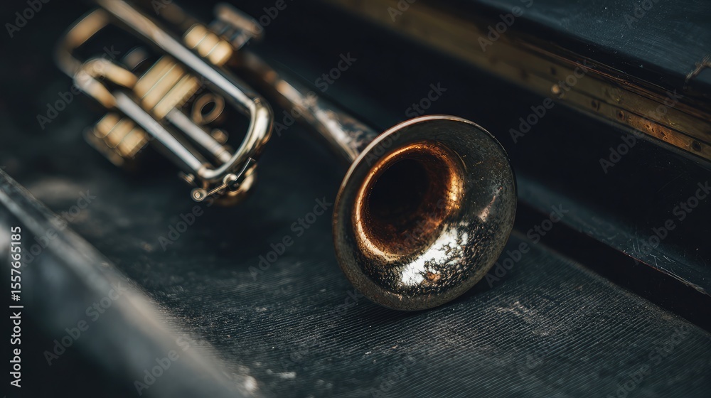 Naklejka premium Brass mute resting inside a trumpet bell on stage before a performance