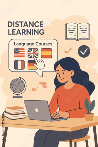 Distance Learning Online Education Concept, Language Course Selection, Remote Exam Preparation, Home Schooling, Student at Laptop, International Flags, Modern Flat Vector Illustration