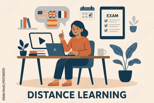 Distance learning online education concept. Student at home desk with laptop, language courses, exam preparation, e-learning, virtual classroom, homeschooling, remote study, modern flat vector