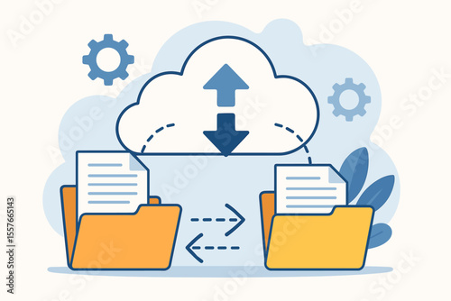 Cloud storage data transfer concept. Folder document exchange, upload and download files to cloud server, online backup, file sharing, digital document management. Modern flat vector illustration