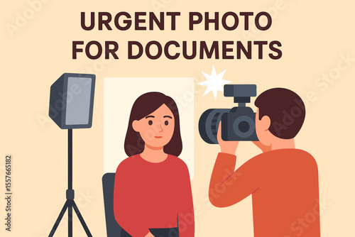 Urgent Document Photo Studio Vector, Professional Photographer Taking ID Picture with Camera Flash and Lighting Equipment, Modern Flat Cartoon Illustration for Passport and Visa Services